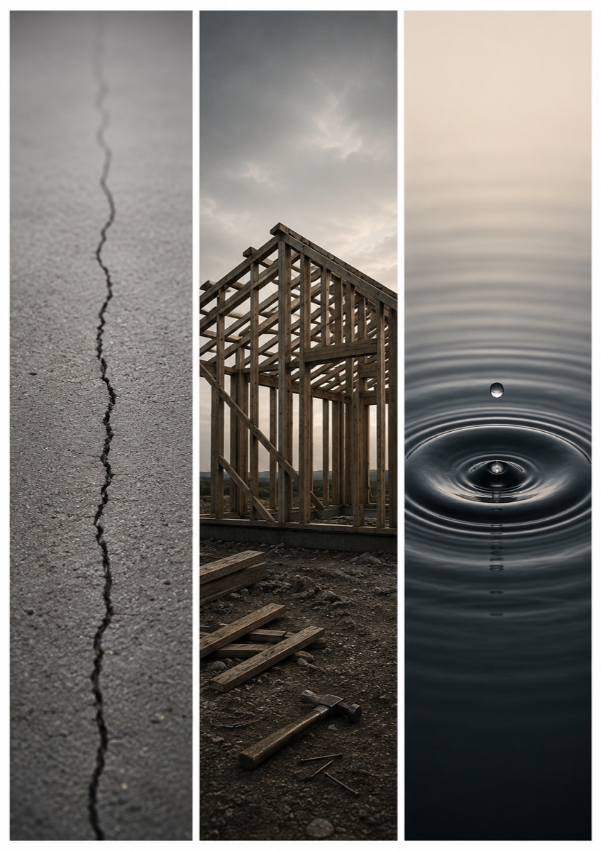 Three symbolic ReWorld images: a line, a structure, and ripples.
